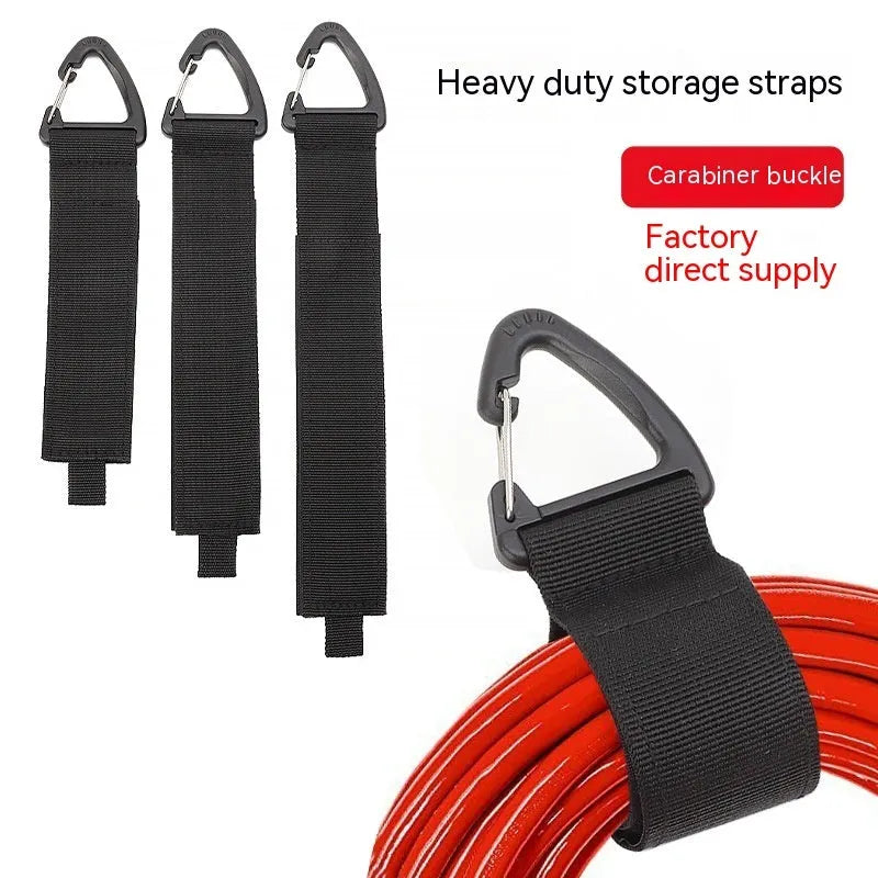 Black heavy-duty storage strap with carabiner hook in three sizes for garage workshop and outdoor use.