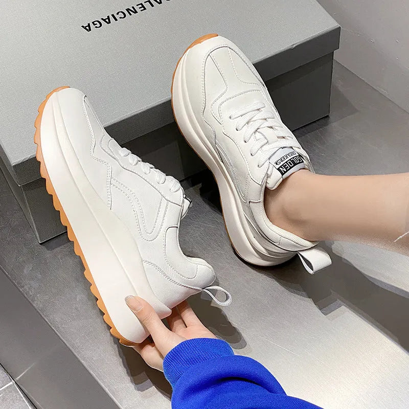 Women's white cattlehide leather casual sports shoes with cross-strap detail and English muffin heel