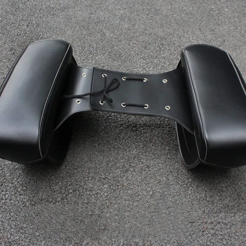 Black retro-style PU leather motorcycle side box saddlebag mounted on a bike.