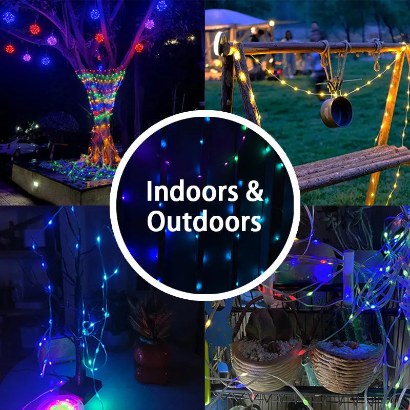 10 metre long LED light string with 100 multi-colour bulbs draped in decorative pattern