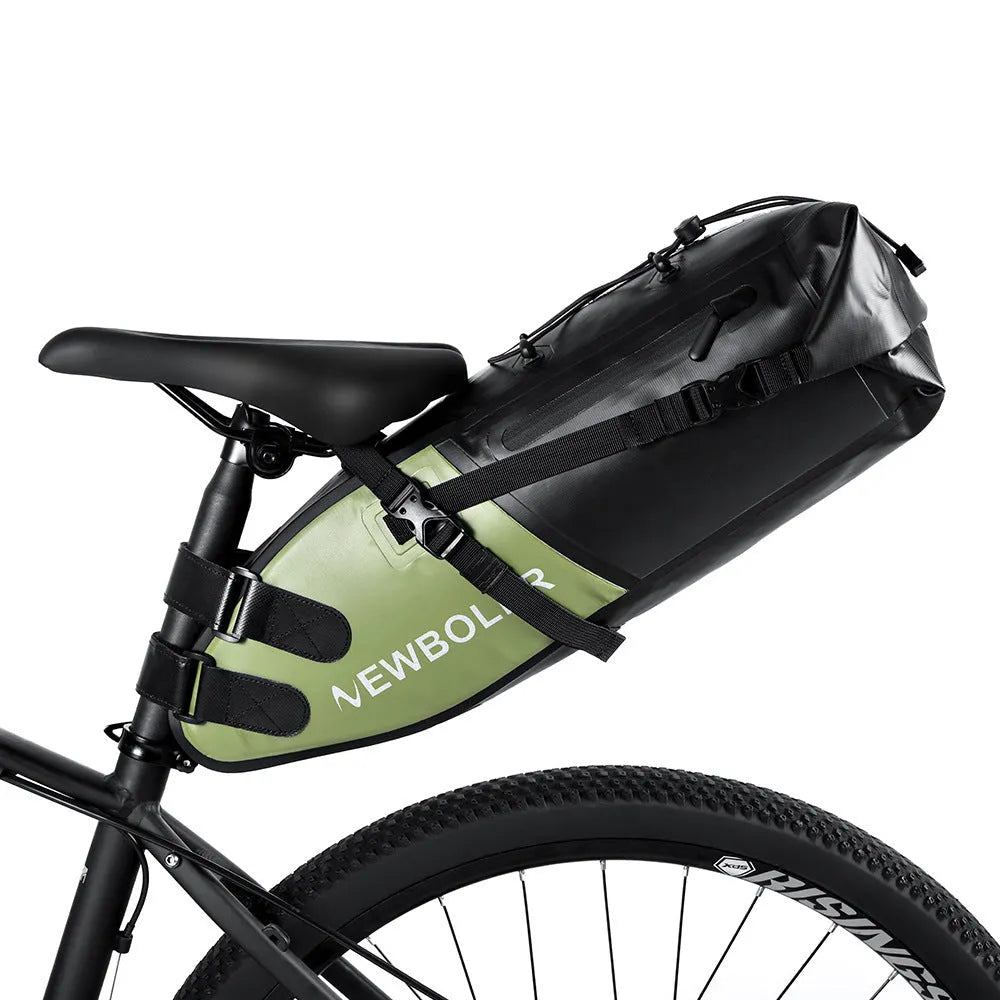 Waterproof PVC bicycle tail bag in yellow showing 13L capacity and mounting straps