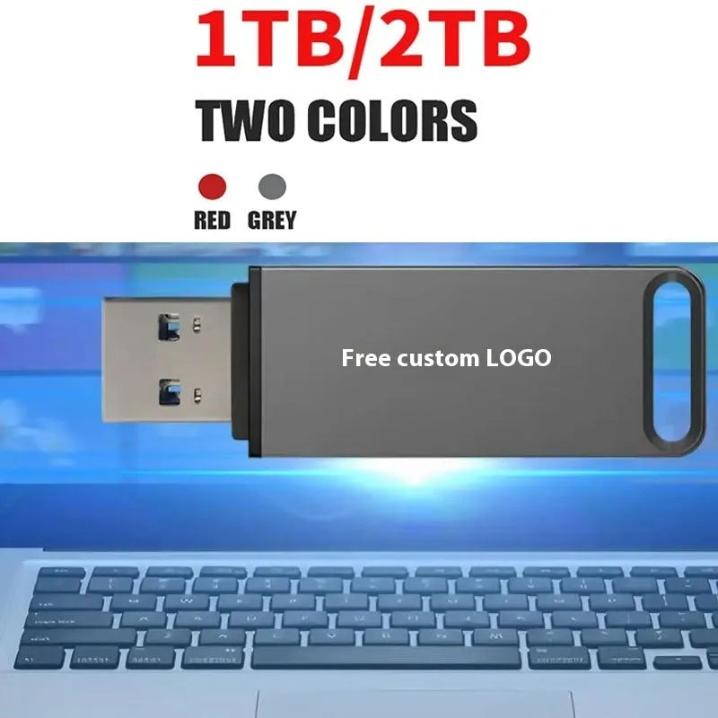 Creative metal USB flash drive in black, red, or silver, showing capacity options from 1TB to 16TB.
