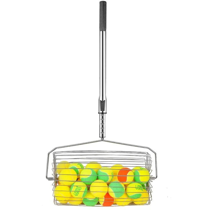 Stainless steel adjustable tennis ball picker roller with capacity for 30 or 60 balls