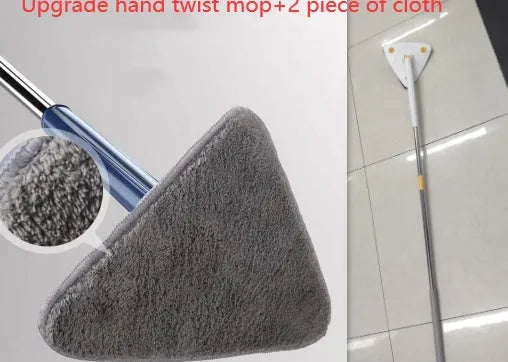 Blue extendable triangle mop with 360 rotating head and microfibre cloth for cleaning floors and walls