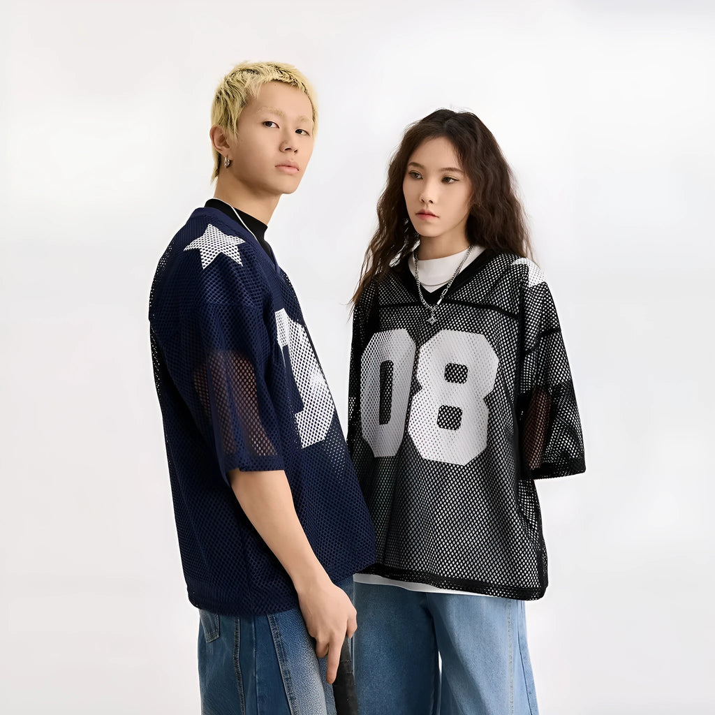 Black and navy blue half sleeve pullover shirt with letter pattern in loose fit