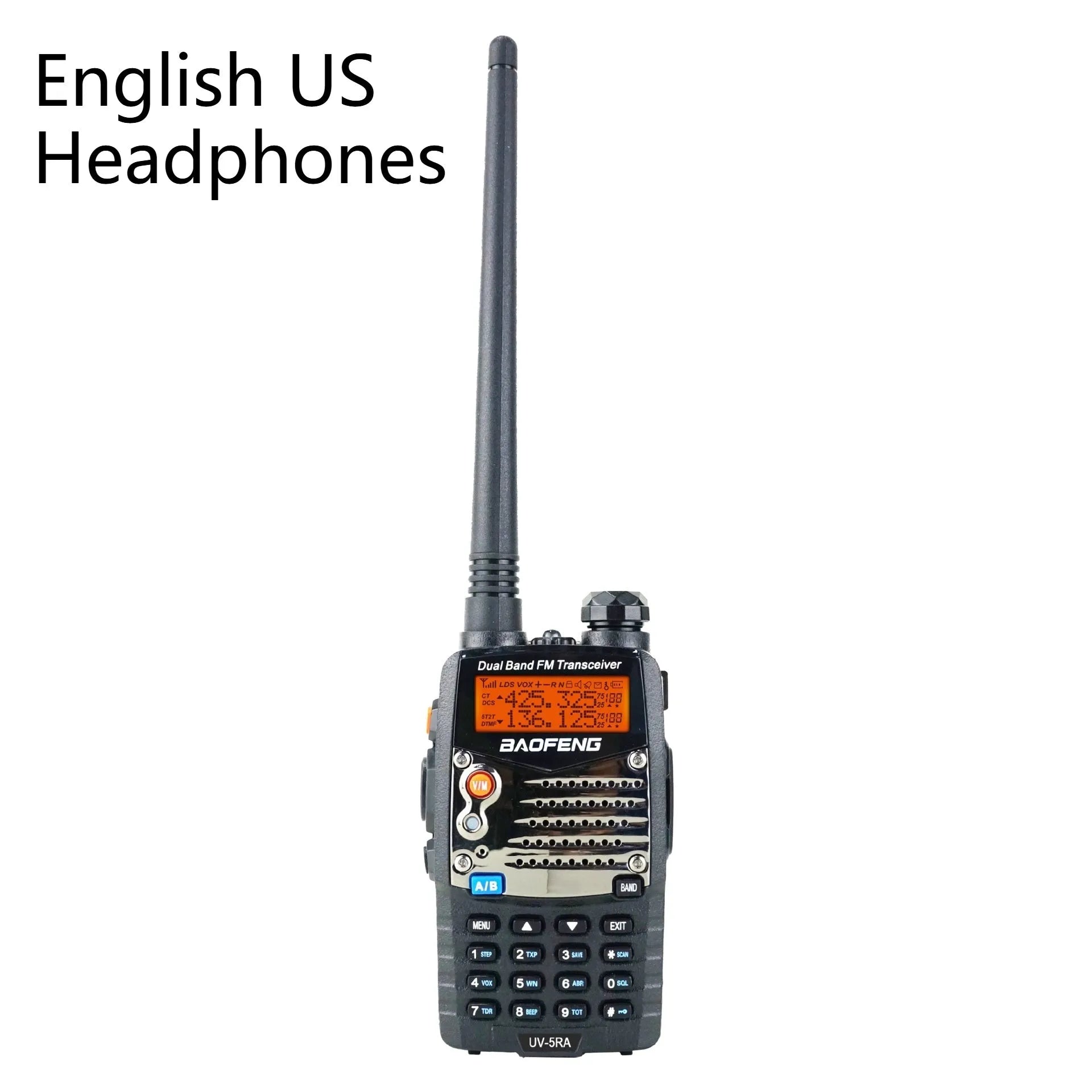 Baofeng UV-5RA handheld dual band two-way radio on a grey background.