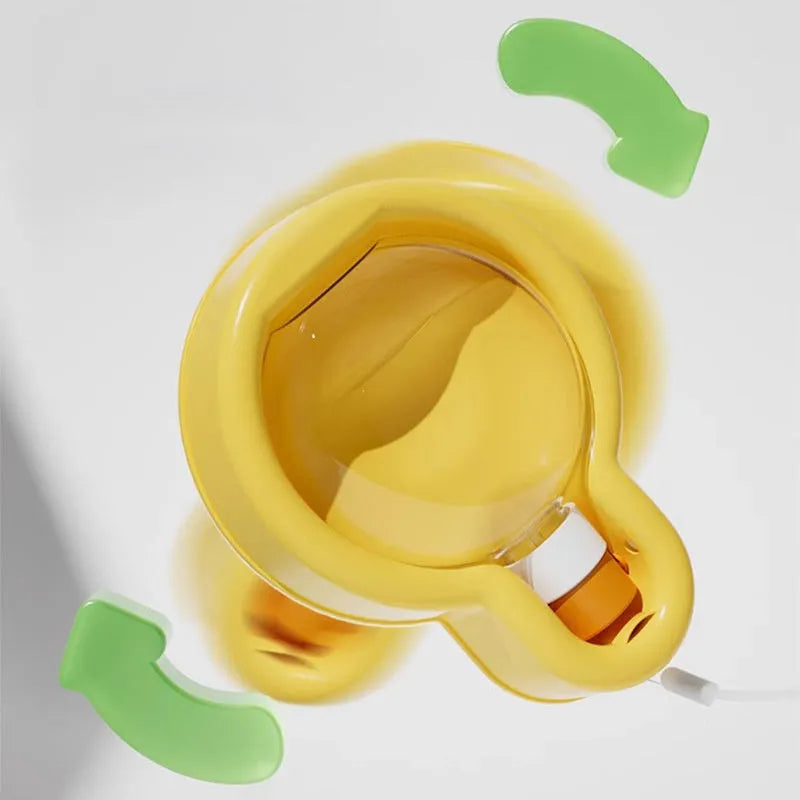 Green portable dog travel water bottle with pull-out bowl, shown with dimensions.