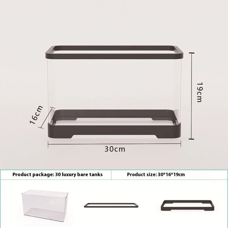 Small acrylic fish tank in classic black, transparent body, sizes 300 to 450, lazy design.