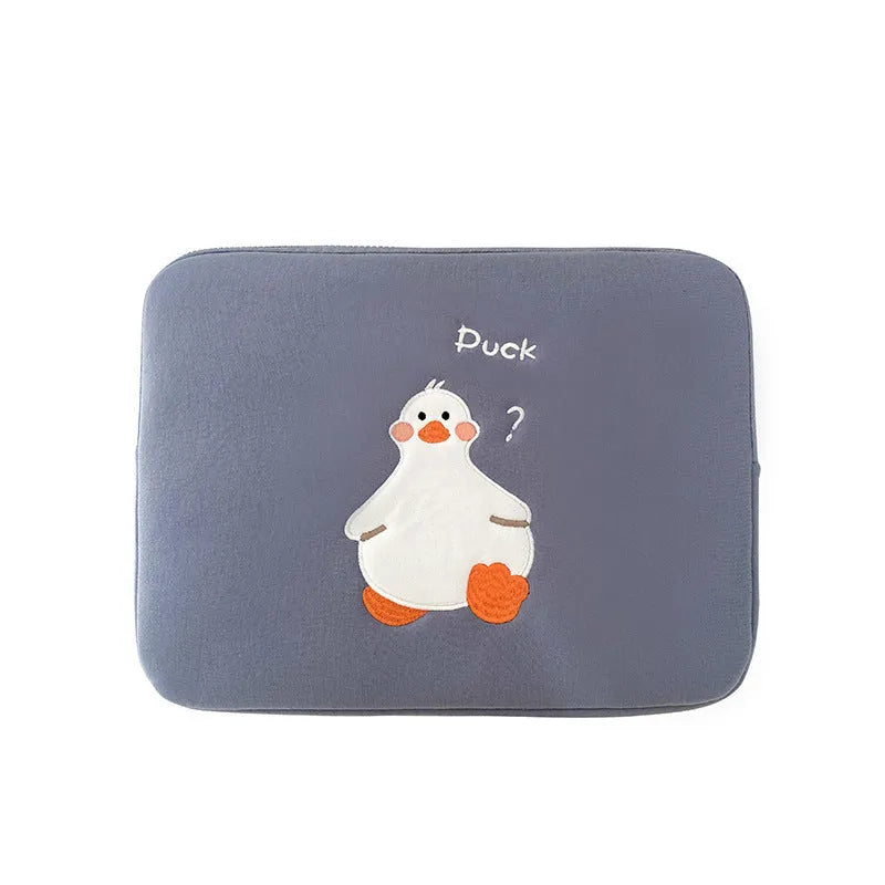 Blue cotton tablet case with cartoon duck embroidery and zipper closure for 11-16 inch devices