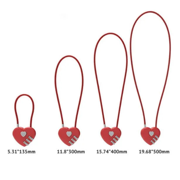 Peach heart shaped wire rope lock in multiple colours with a long steel cable, shown next to a bicycle helmet.