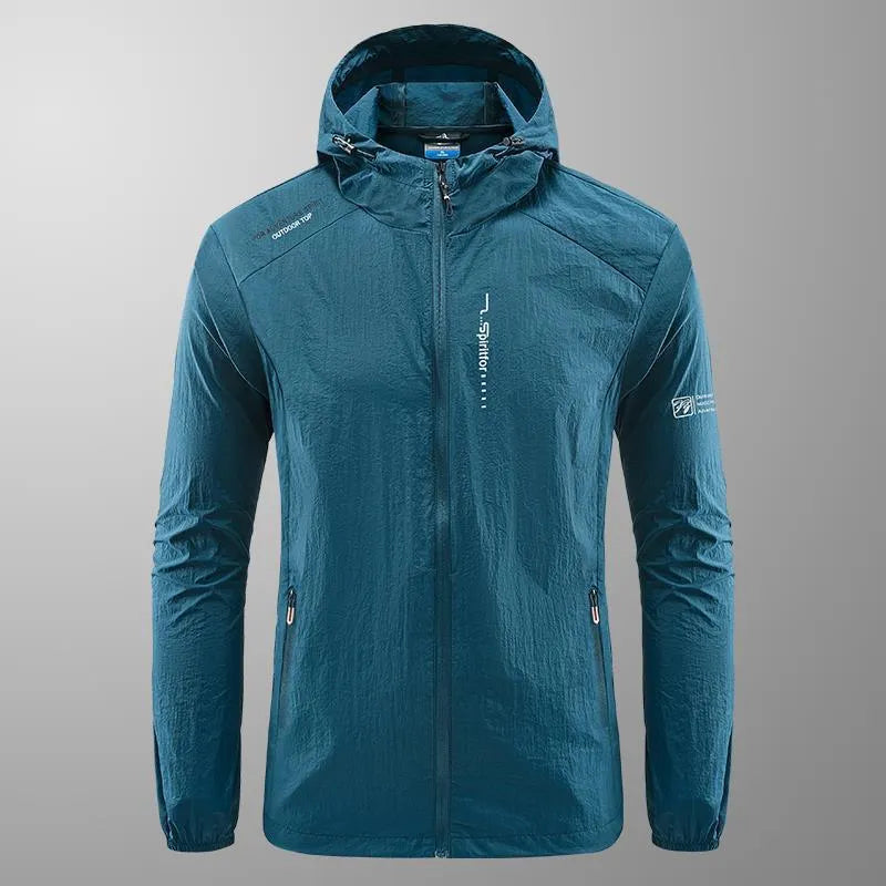 Men's light gray summer hooded jacket with thin nylon fabric and loose fit design