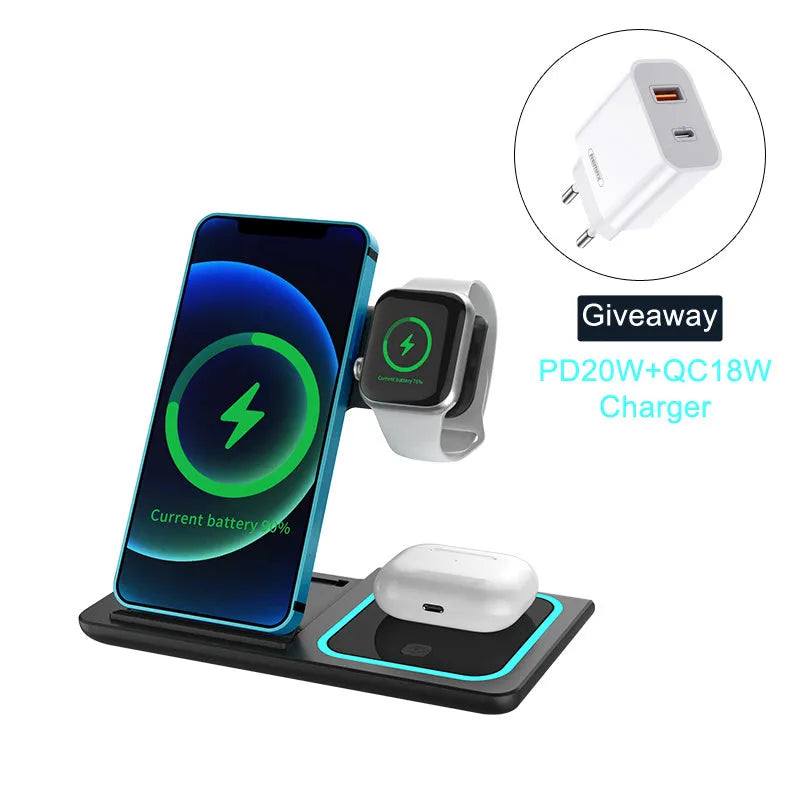 Three-in-one wireless charger folding stand in space black with phone, watch, and headset charging areas visible