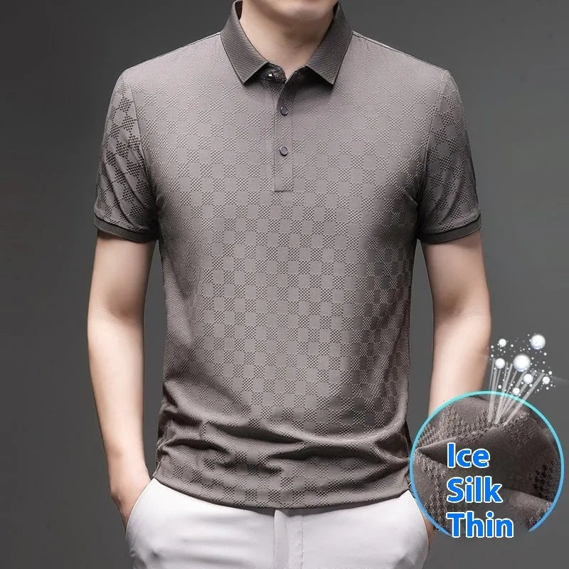 Rhombus thin ice silk V-neck short sleeve T-shirt on a hanger, showing slit hem detail.
