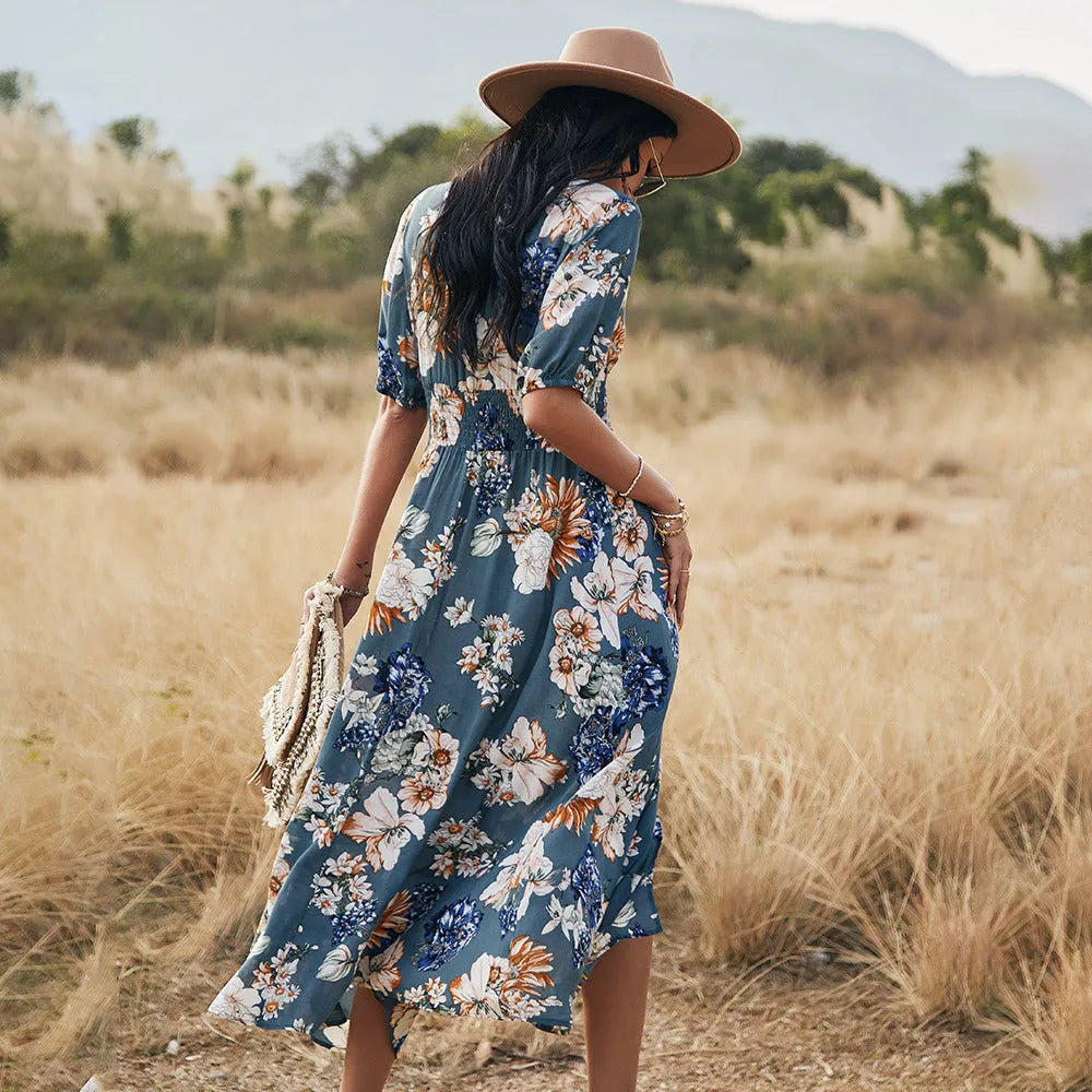 Floral print women's beach dress with V neck and elastic waist in blue colour