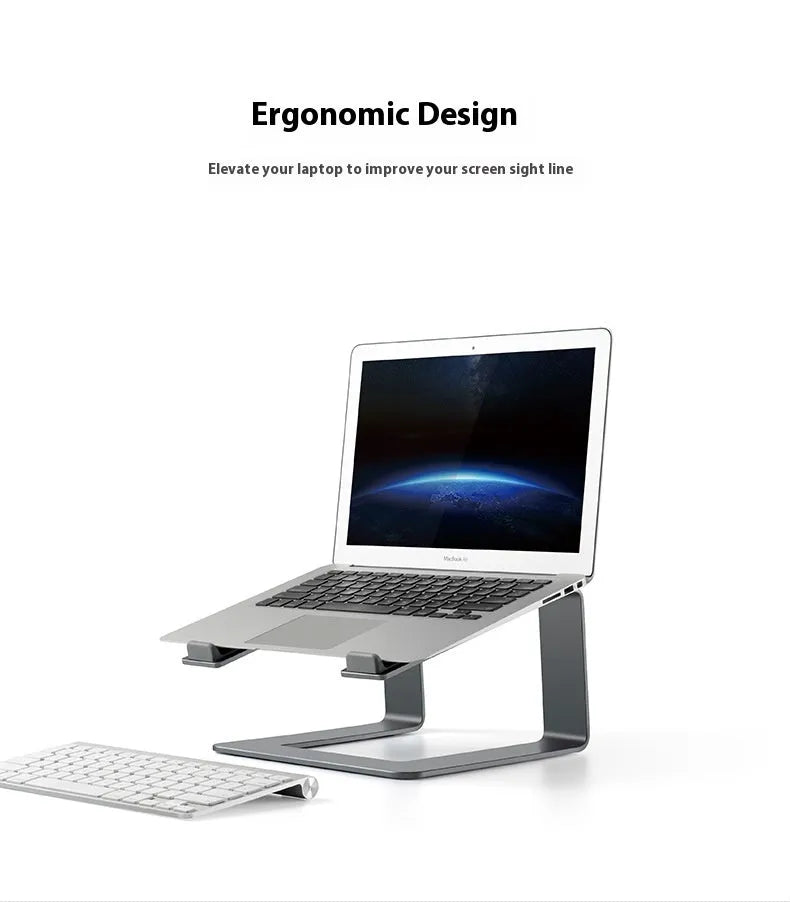 Adjustable aluminium laptop stand in black colour on desk surface