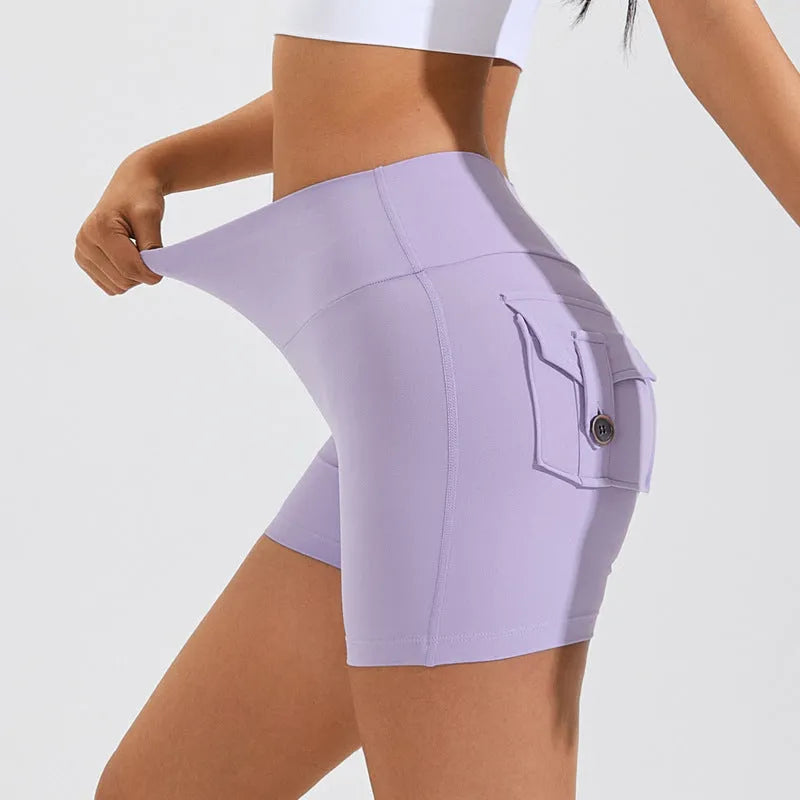 Women's high-waist fitness shorts with pockets in quick-dry nylon fabric for summer workouts