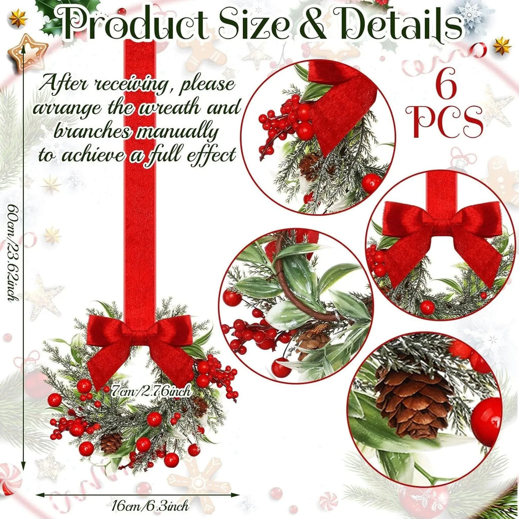 Handmade Christmas garland with bowknot ribbon and pinecone detailing in red, green, or camel colourway