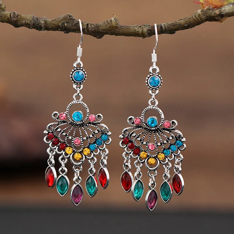 Purple retro fringe drop earrings with crystal detailing and ethnic styling