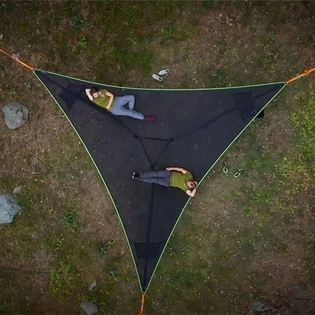 Portable multi-person triangle hammock in black or green polyester, 2m or 2.8m length, shown without a stand.