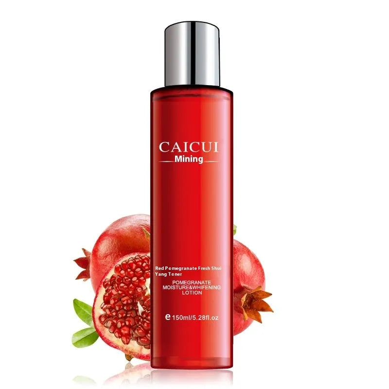 Pomegranate skincare set showing four red bottles: face wash, toner, lotion, and facial cream