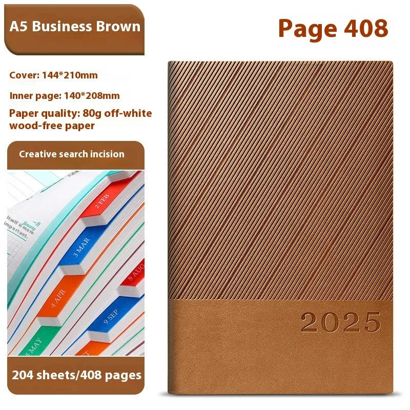 Executive A5 business notepad with striped PU leather cover open showing 80g wood-free paper