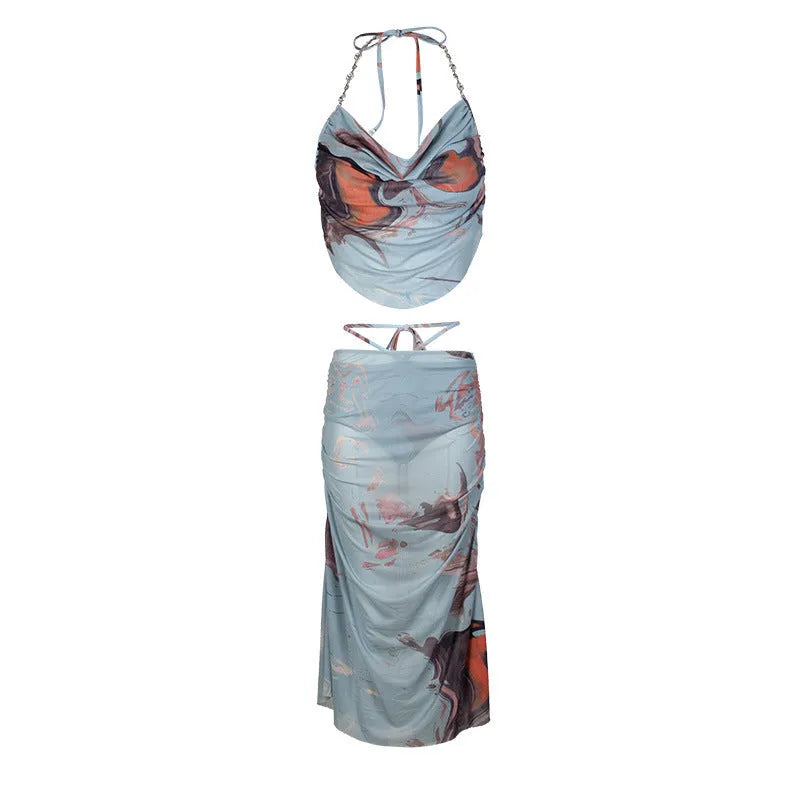 Blue diamond chain split three-piece bikini set for women with quick-drying nylon fabric