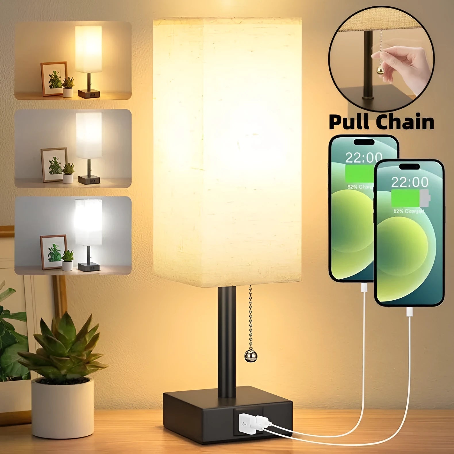 Small bedside table lamp with beige fabric shade and black base on a nightstand