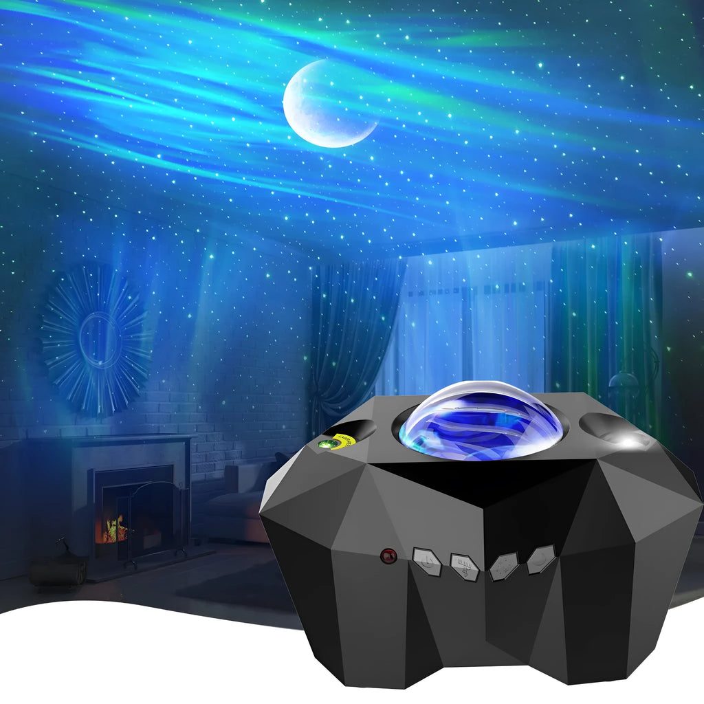 LED Dream Aurora Borealis Ocean Star Light Projector with remote control, black housing, showing green laser and multicolour water mark effects
