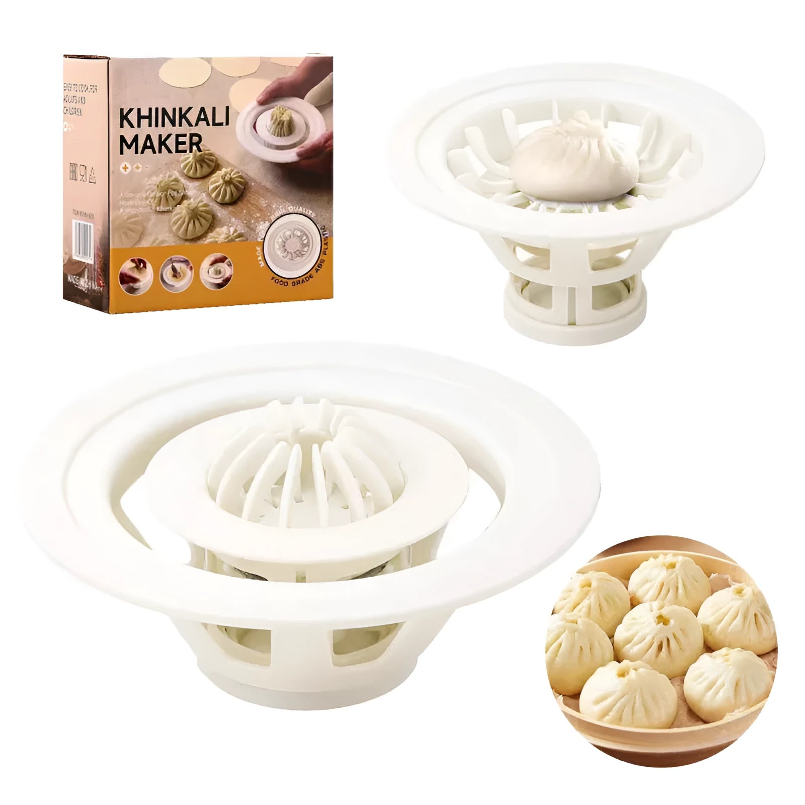 Black plastic Jinkali steamed bun and dumpling mould set of four kitchen shaping tools.