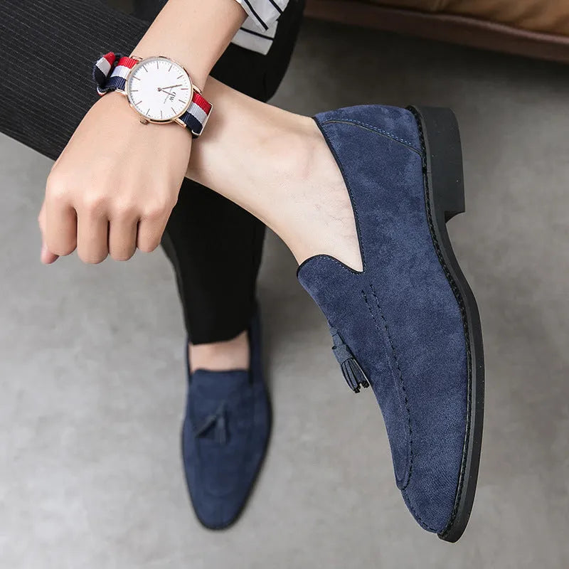 Men's suede matte fashion leather shoes in purple or blue with flat heel and plastic sole, sizes 38-48