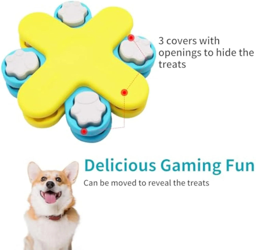 Yellow dog puzzle feeder toy with three-layer rotating lid and anti-slip rubber pads on base.