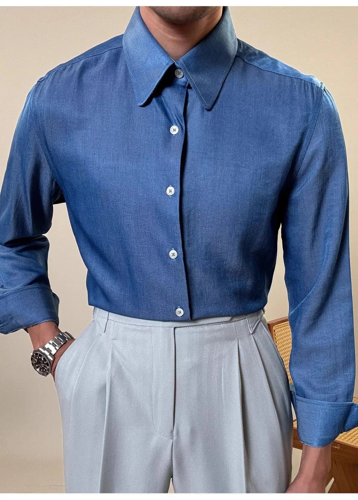 Men's slim fit long sleeve shirt with round collar in sky blue and denim blue colour options
