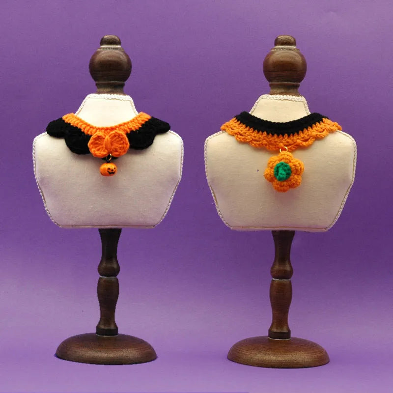 Hand crocheted wool Halloween pet collar in pumpkin colours with adjustable sizing