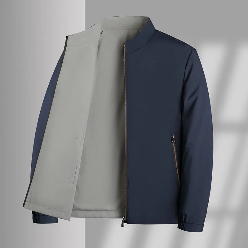 Men's double-sided stand collar casual loose windproof jacket in solid colour with size stick pocket