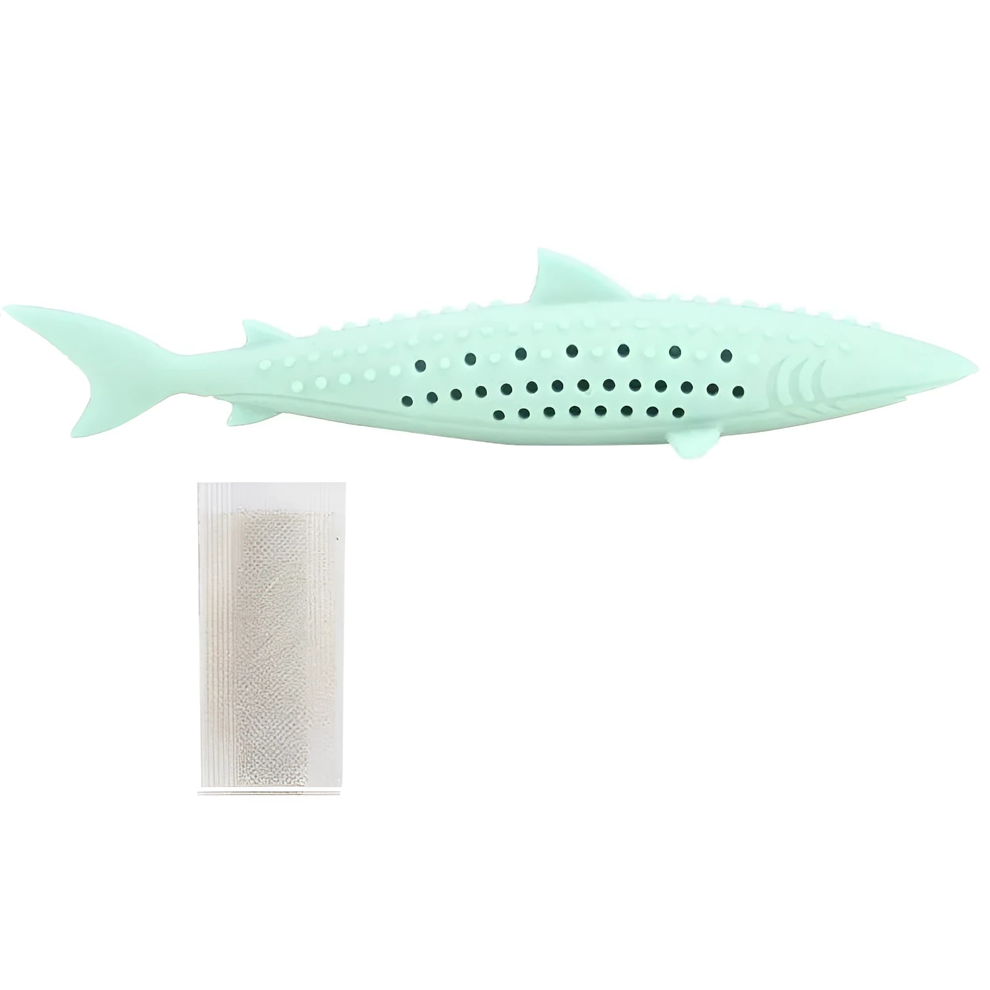 Silicone fish-shaped cat chew toy with side holes for catnip scent release in green colour