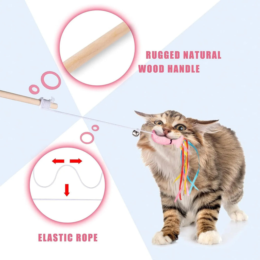 Colourful cat wand toy with ribbons, bell, and catnip fish on a wooden handle.