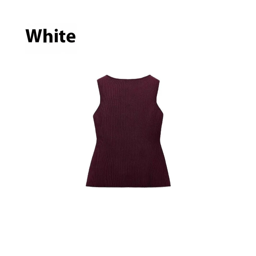 Dark red slim-fit sleeveless vest with gold buttons and a raised 3D pattern on a hanger.