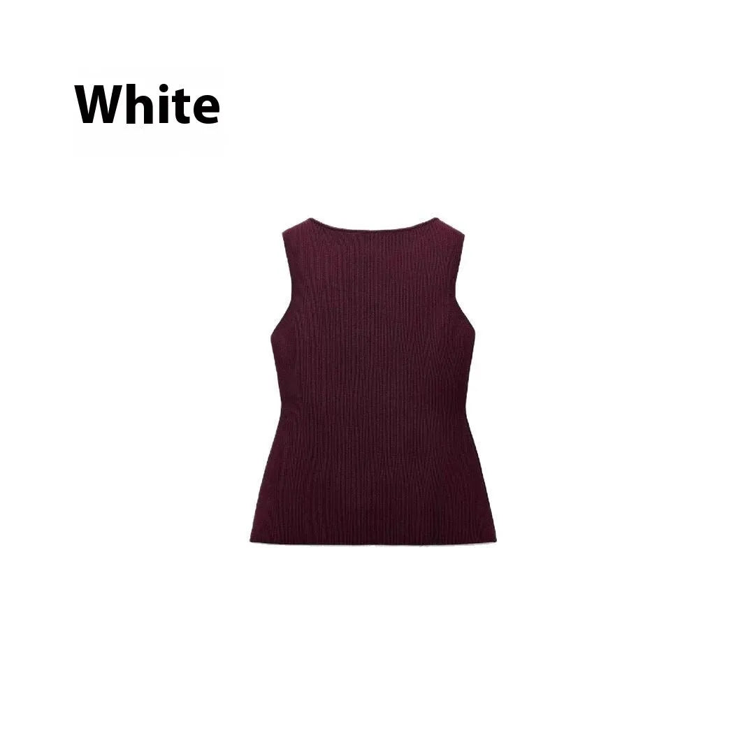 Dark red slim-fit sleeveless vest with gold buttons and a raised 3D pattern on a hanger.