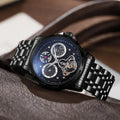 Men's automatic business watch with black stainless steel case and leather strap, luminous dial, 13mm thickness