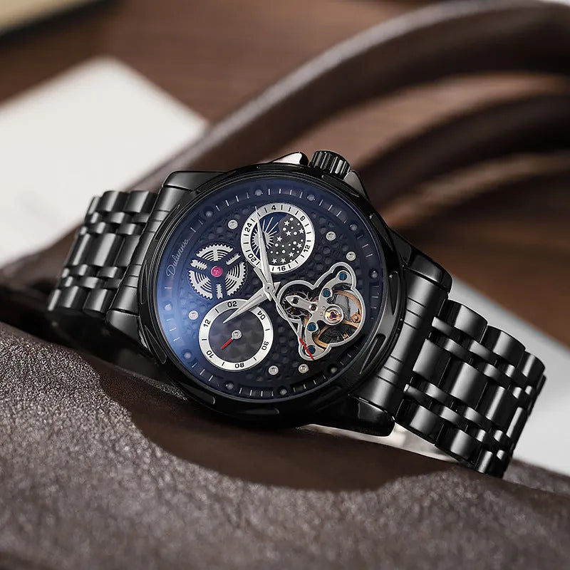 Men's automatic business watch with black stainless steel case and leather strap, luminous dial, 13mm thickness