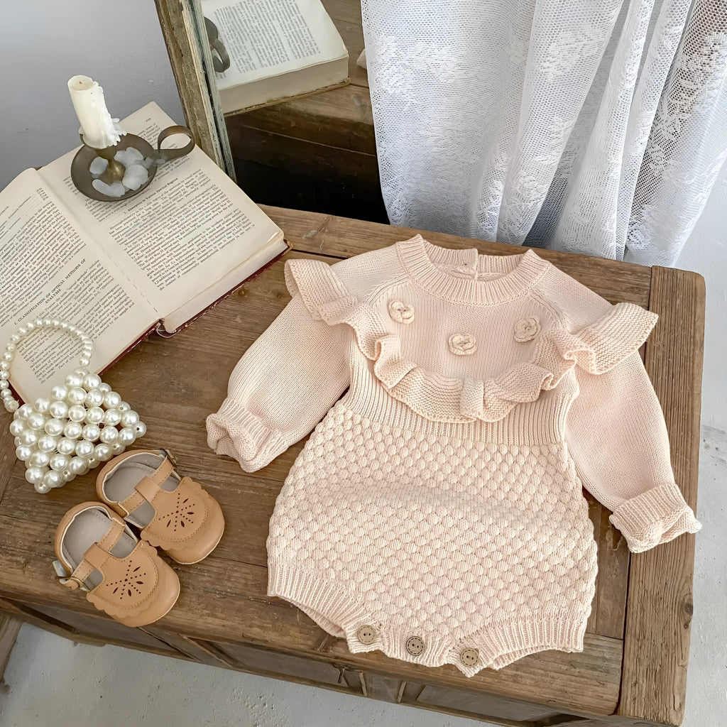 Baby hand crocheted flower pineapple plaid knitted wool long sleeve jumpsuit in stone powder colour
