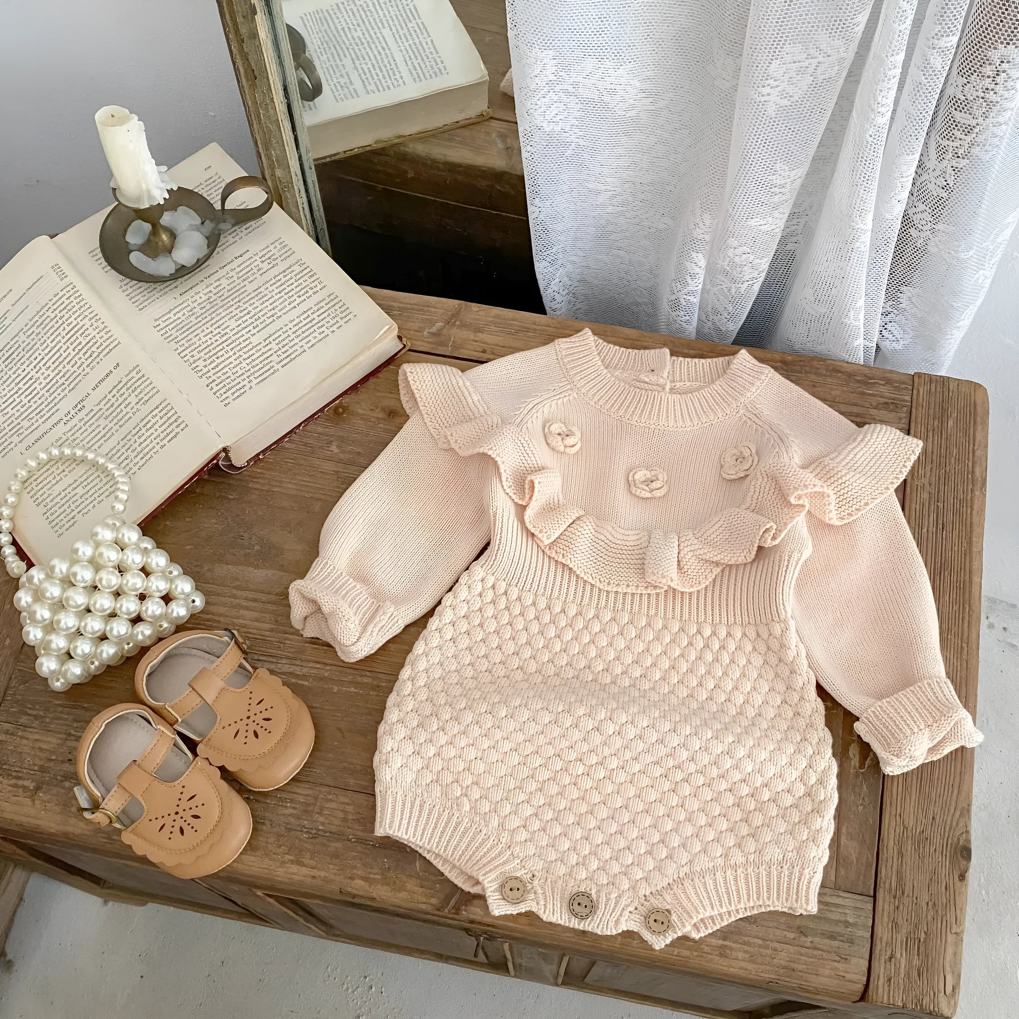 Baby hand crocheted flower pineapple plaid knitted wool long sleeve jumpsuit in stone powder colour