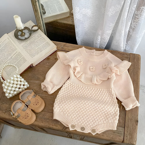Baby hand crocheted flower pineapple plaid knitted wool long sleeve jumpsuit in stone powder colour