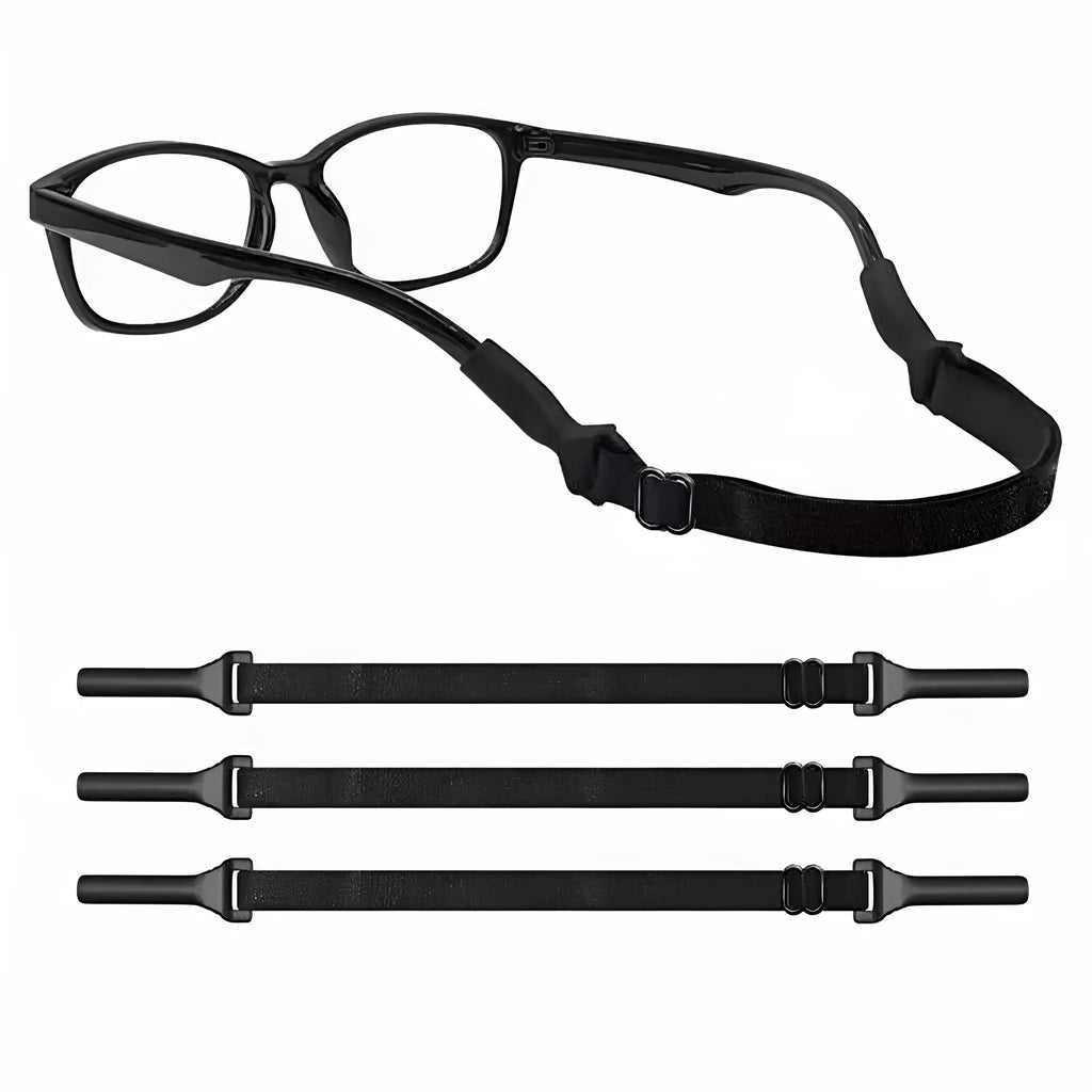 Black adjustable glasses cord strap with silicone earpiece ends shown on spectacles