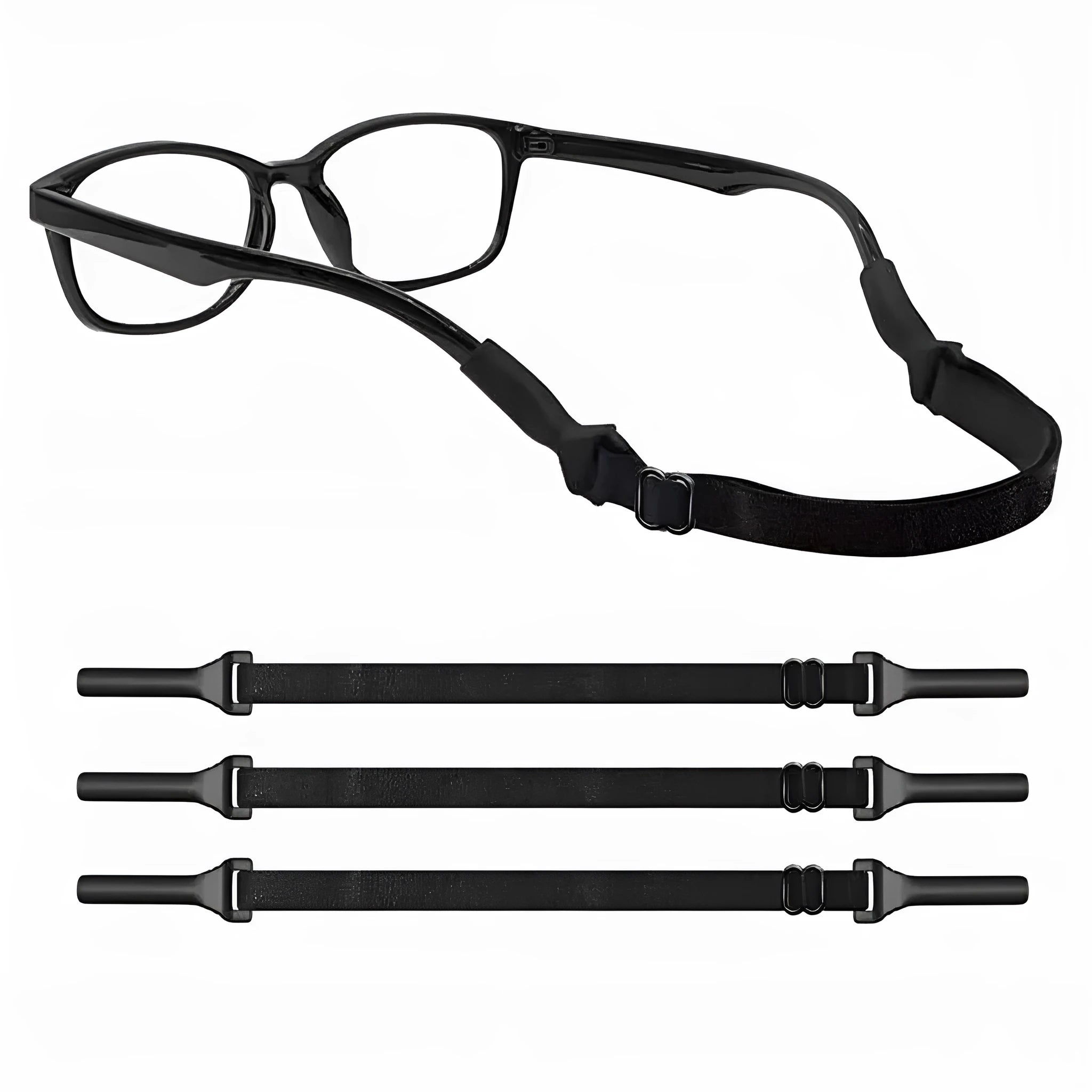Black adjustable glasses cord strap with silicone earpiece ends shown on spectacles