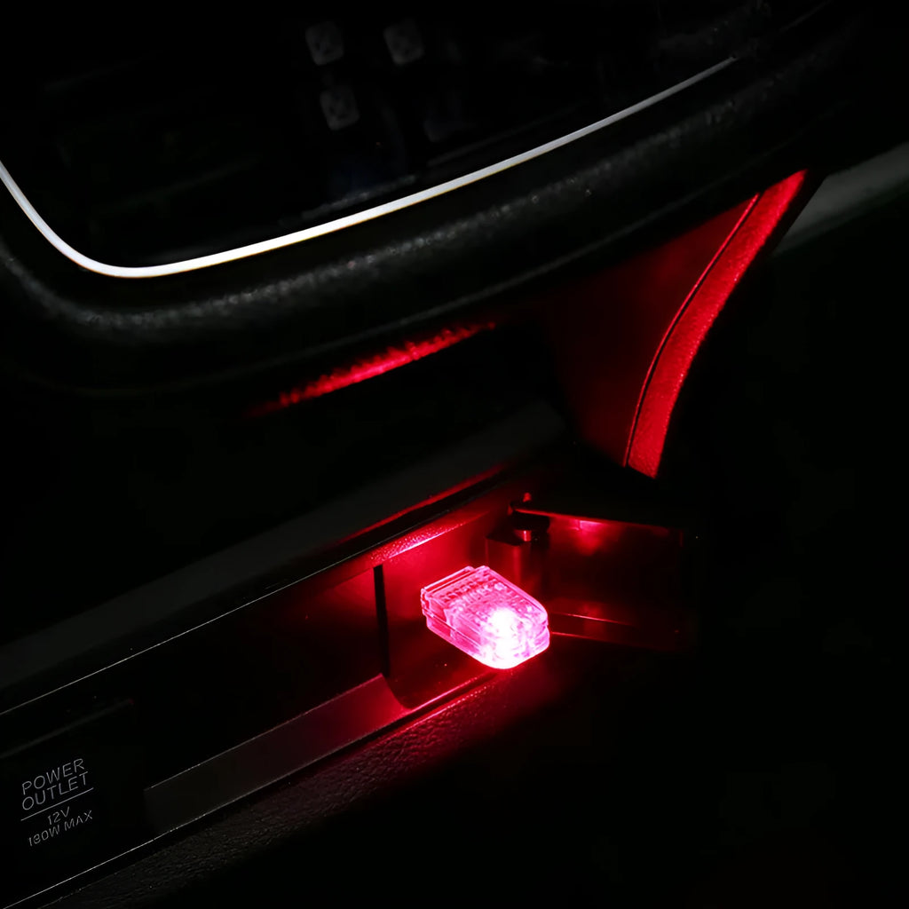 Multi-function car USB ambience light with touch switches for white, blue, ice blue, pink, and RGB voice control modes.