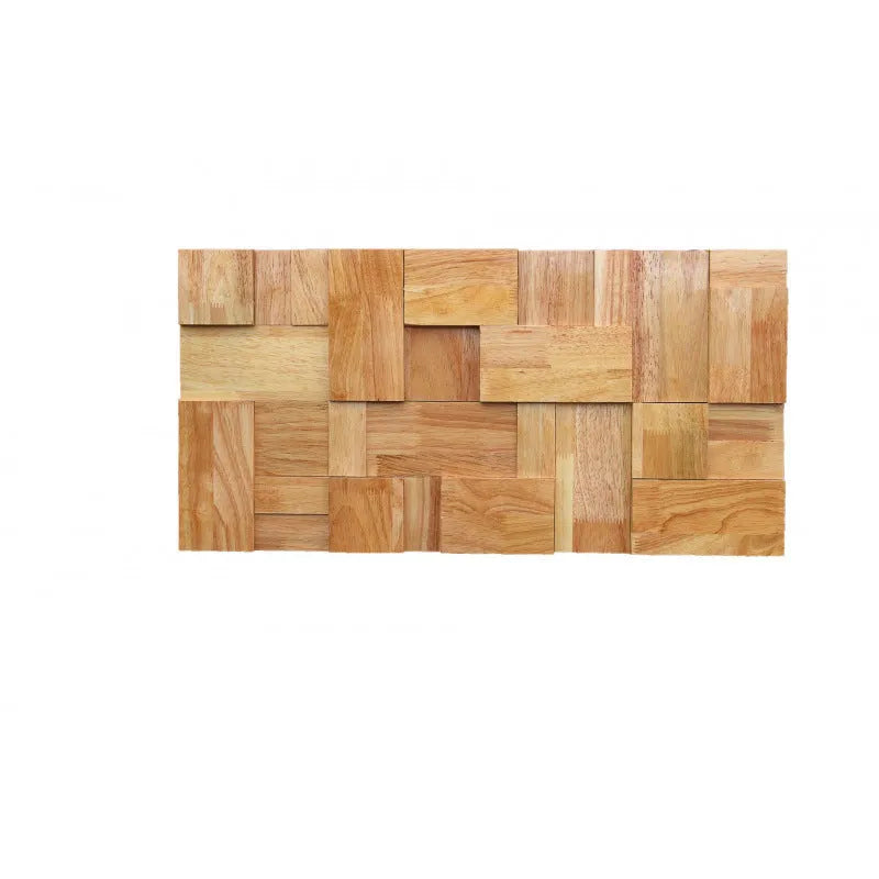Retro 3D solid wood mosaic patch wall panel in natural wood finish showing stereo background texture