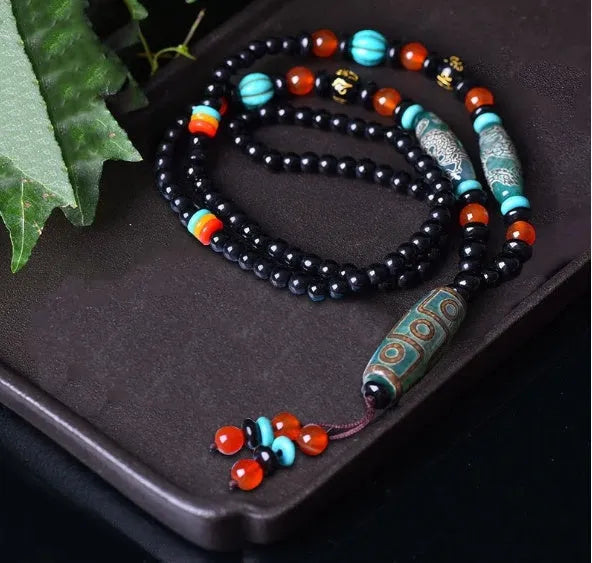 Ethnic style Dzi bead pendant necklace in green Tibet beads made from jade and agate