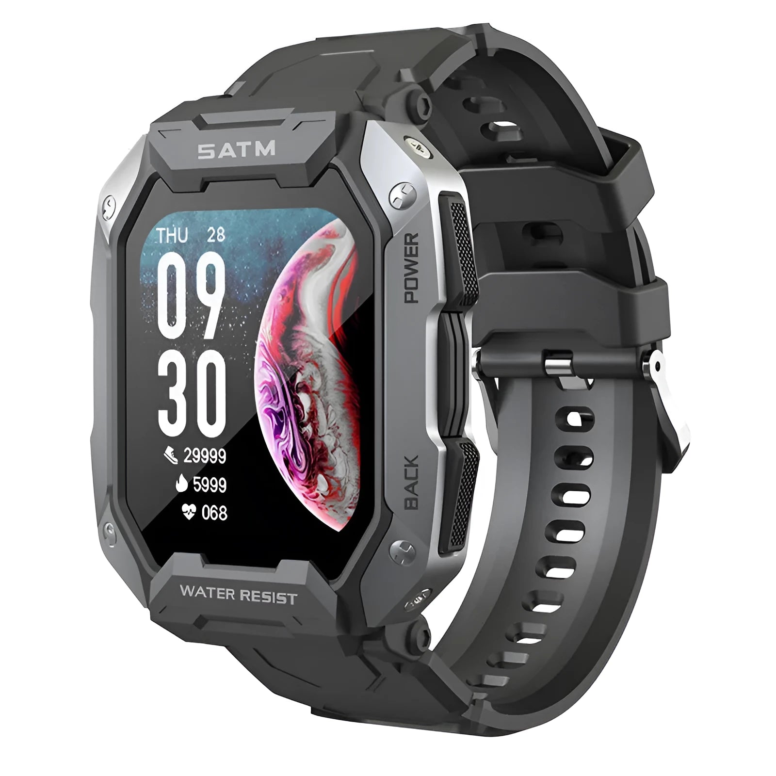 Men's camouflage design smart watch with silicone wristband showing health metrics on screen