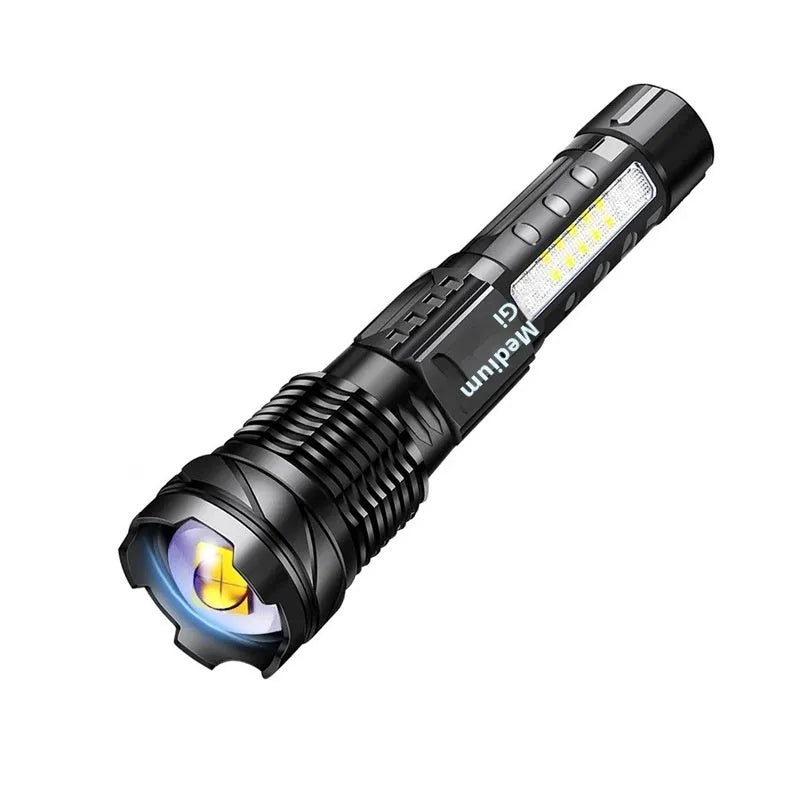Aluminium alloy power torch with telescopic zoom, 30W output, A76 P50 lamp beads, and charging cable.